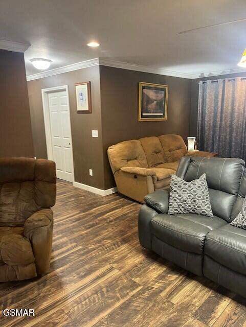 living room with crown molding and dark wood-type flooring