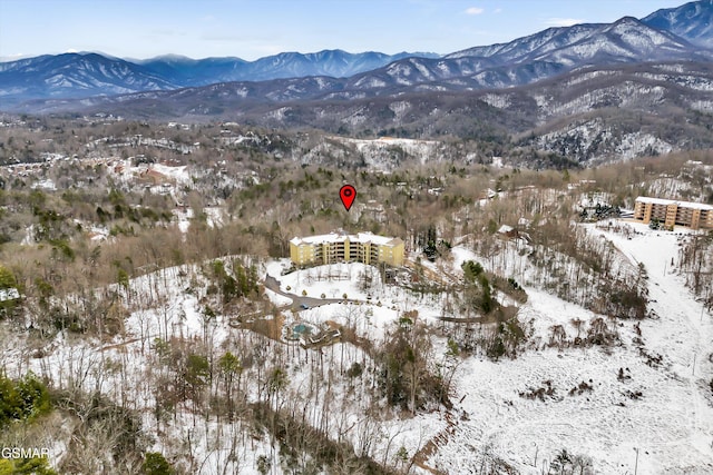 snowy aerial view with a mountain view