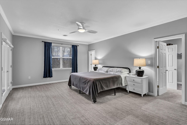 bedroom with crown molding, light colored carpet, and ceiling fan