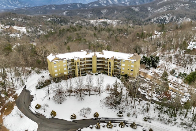 snowy aerial view with a mountain view