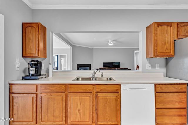 kitchen featuring ornamental molding, sink, ceiling fan, and white dishwasher