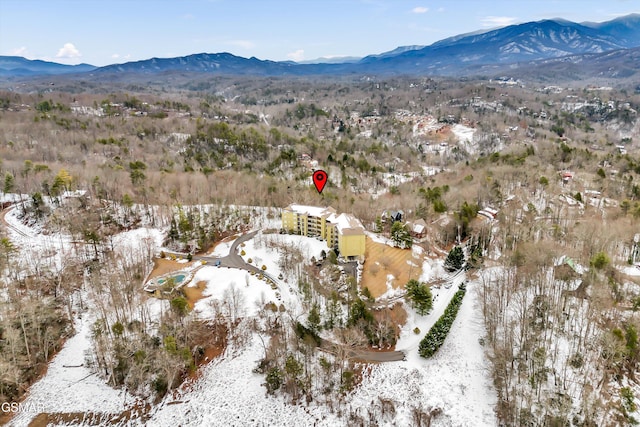 snowy aerial view with a mountain view