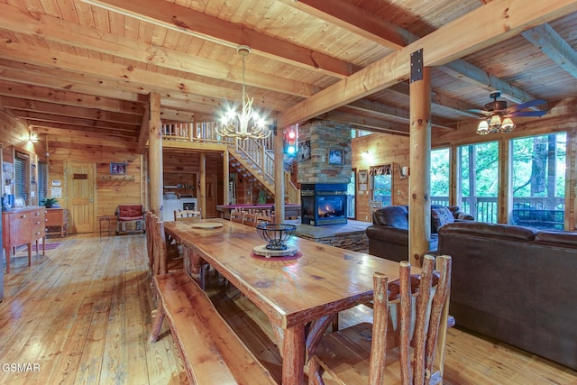 1707 Ridgecrest Dr, Sevierville, TN 37876 - dining area featuring wood-type flooring, wooden ceiling with exposed beams, a fireplace, a chandelier, and a ceiling fan
