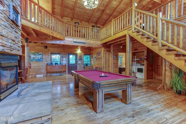 1707 Ridgecrest Dr, Sevierville, TN 37876 - playroom with high vaulted ceiling, wooden walls, hardwood / wood-style flooring, billiards table, and a wood stove