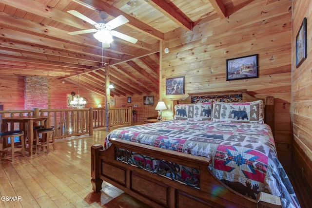 1707 Ridgecrest Dr, Sevierville, TN 37876 - bedroom featuring wood walls, wood ceiling, hardwood / wood-style flooring, and a chandelier