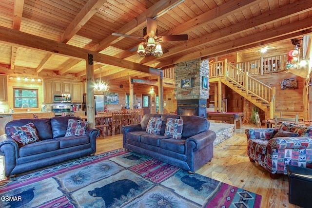 1707 Ridgecrest Dr, Sevierville, TN 37876 - living area with a ceiling fan, light wood-style flooring, stairs, wood walls, and wood ceiling with exposed beams