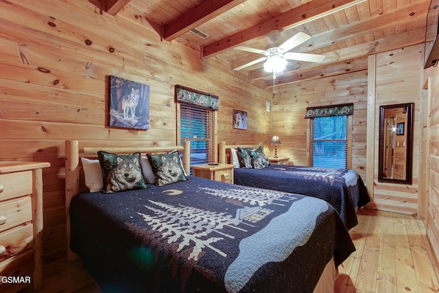 1707 Ridgecrest Dr, Sevierville, TN 37876 - bedroom with wooden ceiling with exposed beams, wood walls, hardwood / wood-style floors, and a ceiling fan