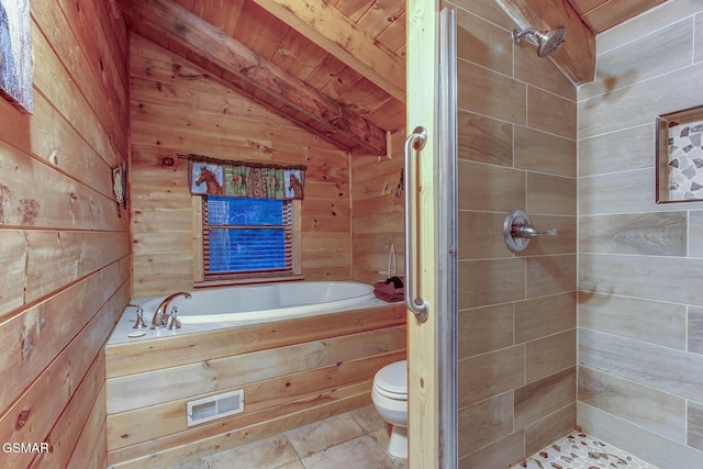 1707 Ridgecrest Dr, Sevierville, TN 37876 - bathroom with toilet, a garden tub, wood walls, wooden ceiling, and a shower stall