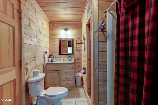 1707 Ridgecrest Dr, Sevierville, TN 37876 - bathroom with curtained shower, toilet, tile patterned flooring, wood walls, and wooden ceiling