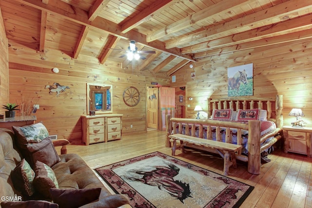 1707 Ridgecrest Dr, Sevierville, TN 37876 - bedroom with light wood finished floors, wood walls, and wooden ceiling