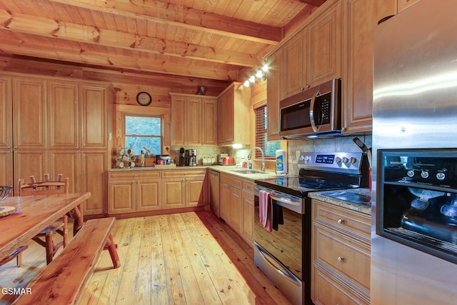 1707 Ridgecrest Dr, Sevierville, TN 37876 - kitchen with stainless steel appliances, wooden ceiling with exposed beams, light wood finished floors, a sink, and tasteful backsplash