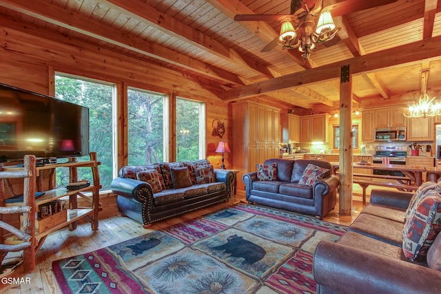1707 Ridgecrest Dr, Sevierville, TN 37876 - living area featuring a chandelier, wood ceiling with exposed beams, light wood-style floors, and wood walls
