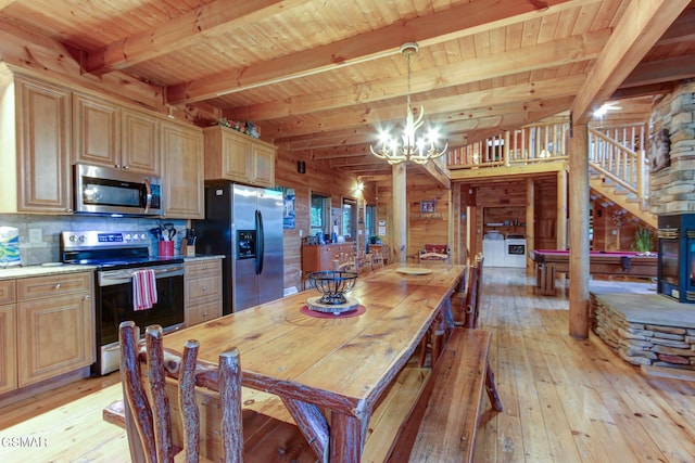 1707 Ridgecrest Dr, Sevierville, TN 37876 - kitchen with stainless steel appliances, light wood finished floors, wooden ceiling with exposed beams, a chandelier, and light countertops