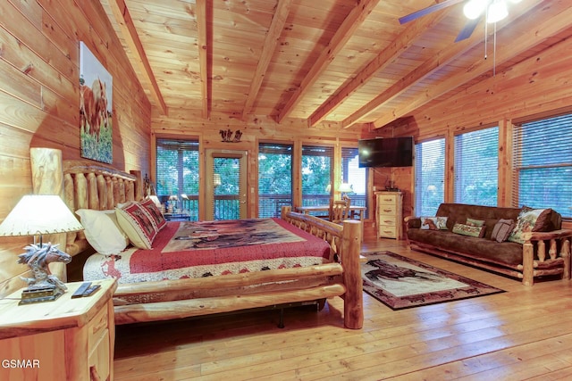 1707 Ridgecrest Dr, Sevierville, TN 37876 - bedroom featuring wood walls, wood ceiling with exposed beams, and light wood-style flooring