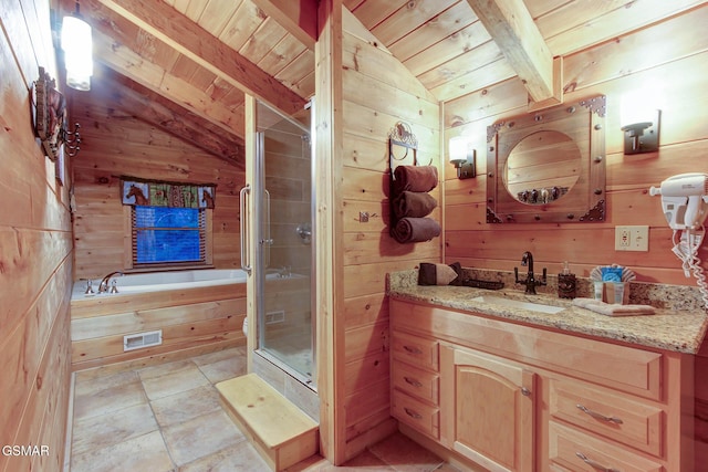 1707 Ridgecrest Dr, Sevierville, TN 37876 - bathroom with wood ceiling, wooden walls, vanity, a bath, and a stall shower