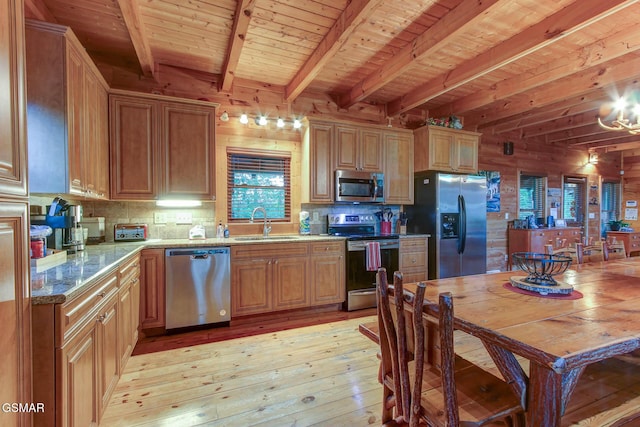1707 Ridgecrest Dr, Sevierville, TN 37876 - kitchen with stainless steel appliances, a sink, light wood-type flooring, wooden ceiling with exposed beams, and backsplash