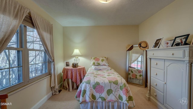 carpeted bedroom with multiple windows and a textured ceiling