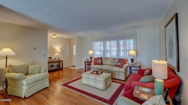 living room with hardwood / wood-style flooring and a textured ceiling