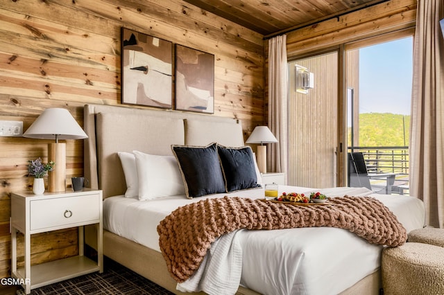 bedroom with wood walls and wooden ceiling