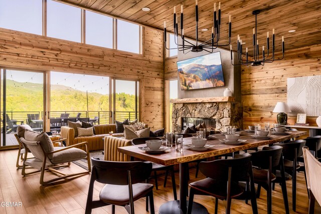 dining space with wooden walls, wooden ceiling, hardwood / wood-style flooring, an inviting chandelier, and a stone fireplace