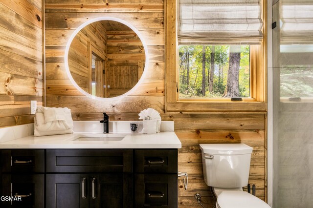 bathroom with wood walls, vanity, and toilet