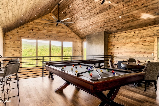 playroom featuring hardwood / wood-style floors, high vaulted ceiling, wooden ceiling, and pool table