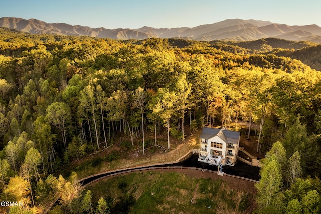 aerial view featuring a forest view and a mountain view