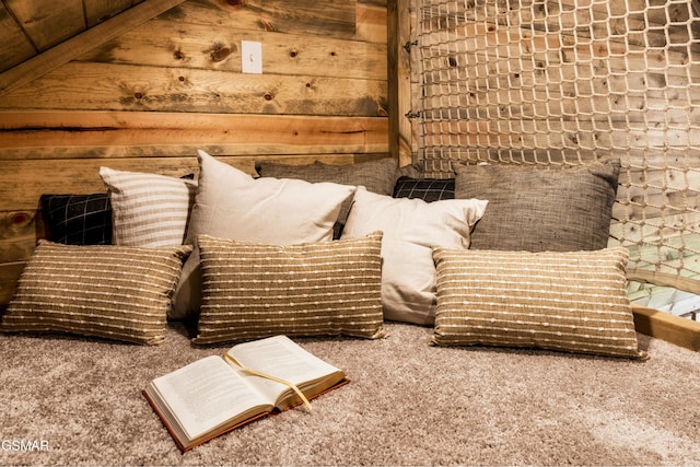 living area with carpet and wood walls