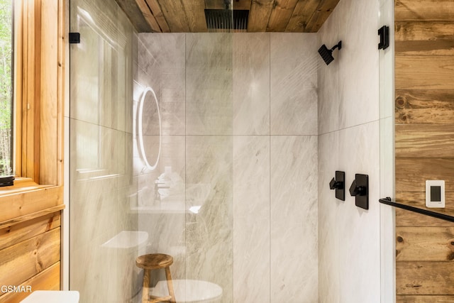 bathroom with wooden ceiling and walk in shower