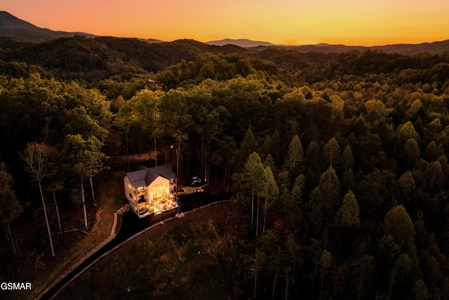 aerial view at dusk featuring a mountain view