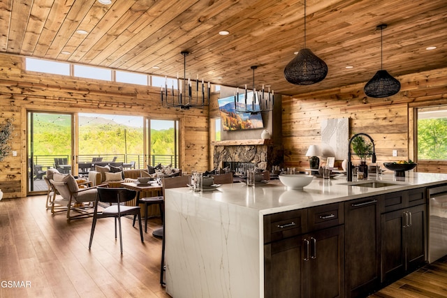 kitchen with plenty of natural light, wood ceiling, sink, and hanging light fixtures