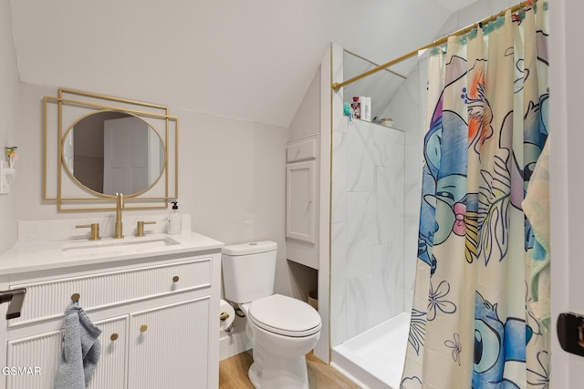 full bath featuring toilet, a shower with shower curtain, vaulted ceiling, vanity, and wood finished floors