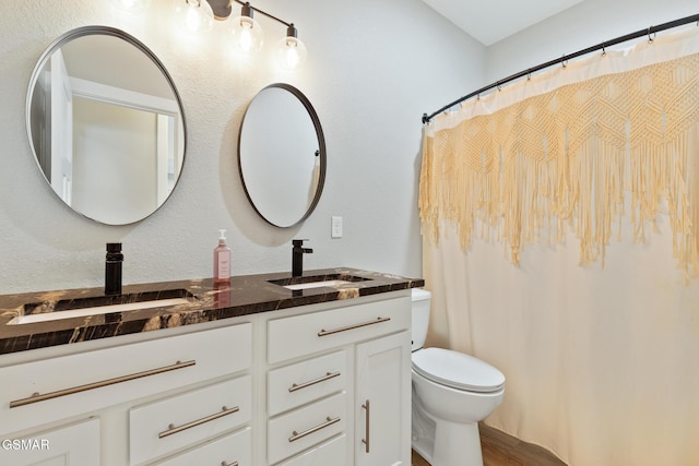 bathroom with a sink, toilet, and double vanity