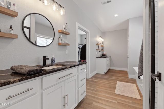 bathroom featuring baseboards, visible vents, wood finished floors, a spacious closet, and vanity