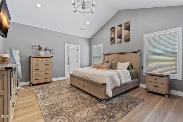 bedroom featuring visible vents, baseboards, light wood-type flooring, a chandelier, and recessed lighting