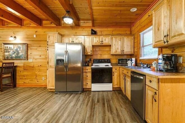 kitchen with dark wood-type flooring, beamed ceiling, wood walls, wood ceiling, and appliances with stainless steel finishes