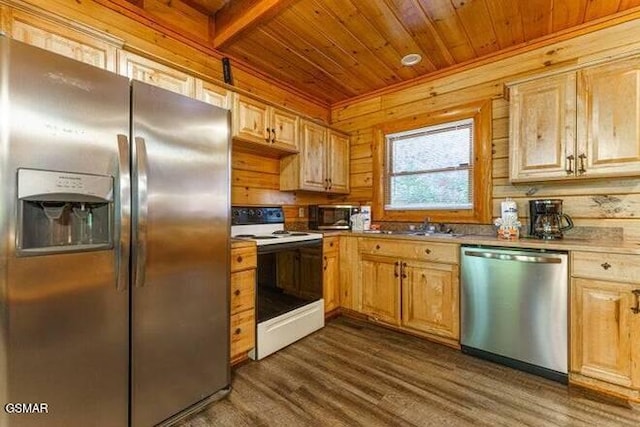 kitchen with sink, light brown cabinets, wooden ceiling, dark wood-type flooring, and appliances with stainless steel finishes