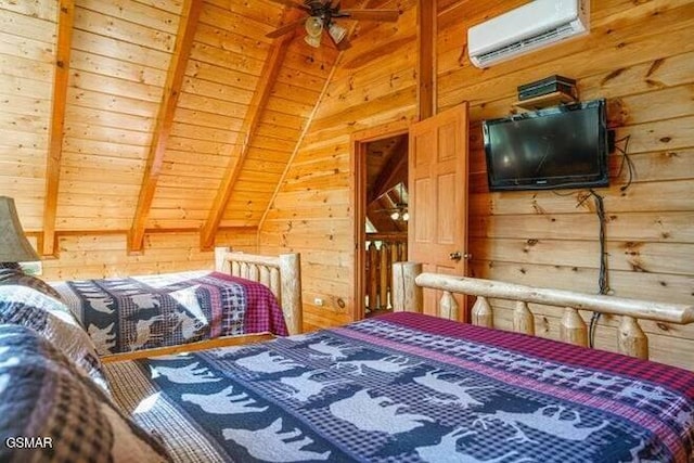 bedroom featuring a wall mounted AC, wood walls, wooden ceiling, and lofted ceiling with beams