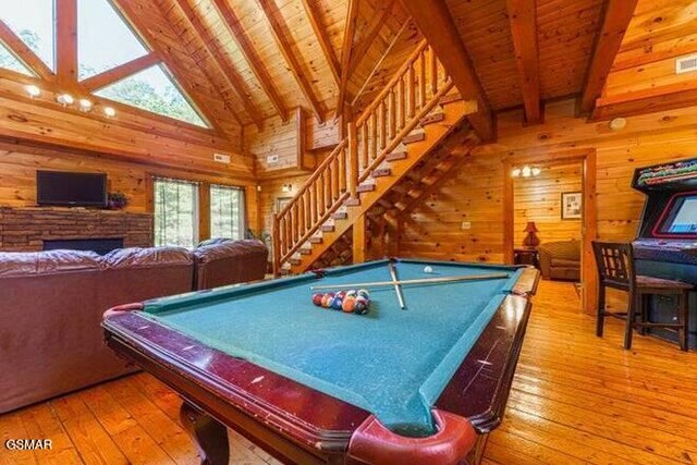 recreation room with beam ceiling, wooden ceiling, and pool table