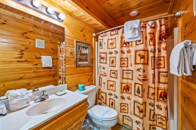 bathroom with vanity, wooden ceiling, wooden walls, and toilet