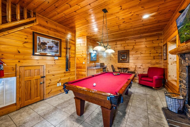 playroom with tile patterned flooring, pool table, a fireplace, and wooden ceiling