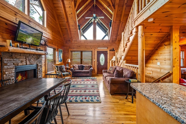 living room featuring ceiling fan, a fireplace, light wood-type flooring, wooden ceiling, and wood walls