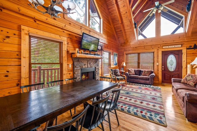 dining area with a stone fireplace, ceiling fan, and wood walls