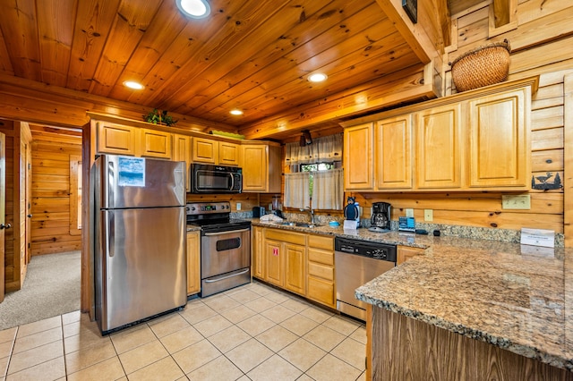 kitchen featuring appliances with stainless steel finishes, sink, light tile patterned floors, and wood ceiling