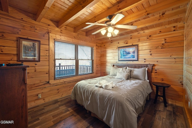 bedroom featuring beamed ceiling, wooden walls, dark hardwood / wood-style floors, and wooden ceiling