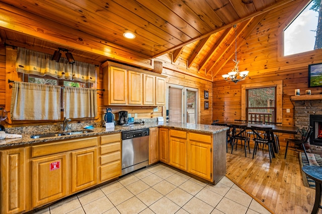 kitchen with light tile patterned flooring, sink, stainless steel dishwasher, kitchen peninsula, and wooden ceiling