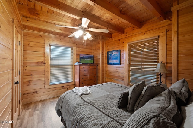 bedroom featuring wood ceiling, wooden walls, hardwood / wood-style floors, and beam ceiling