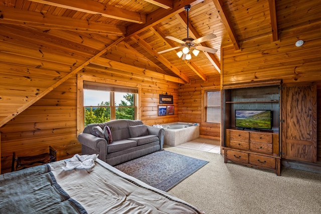 bedroom featuring wood ceiling, wooden walls, lofted ceiling with beams, and light colored carpet