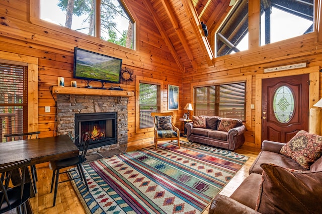 living room with a fireplace, a healthy amount of sunlight, and wood walls