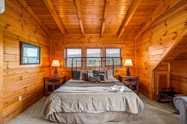 bedroom featuring carpet floors, vaulted ceiling with beams, wooden ceiling, and wooden walls